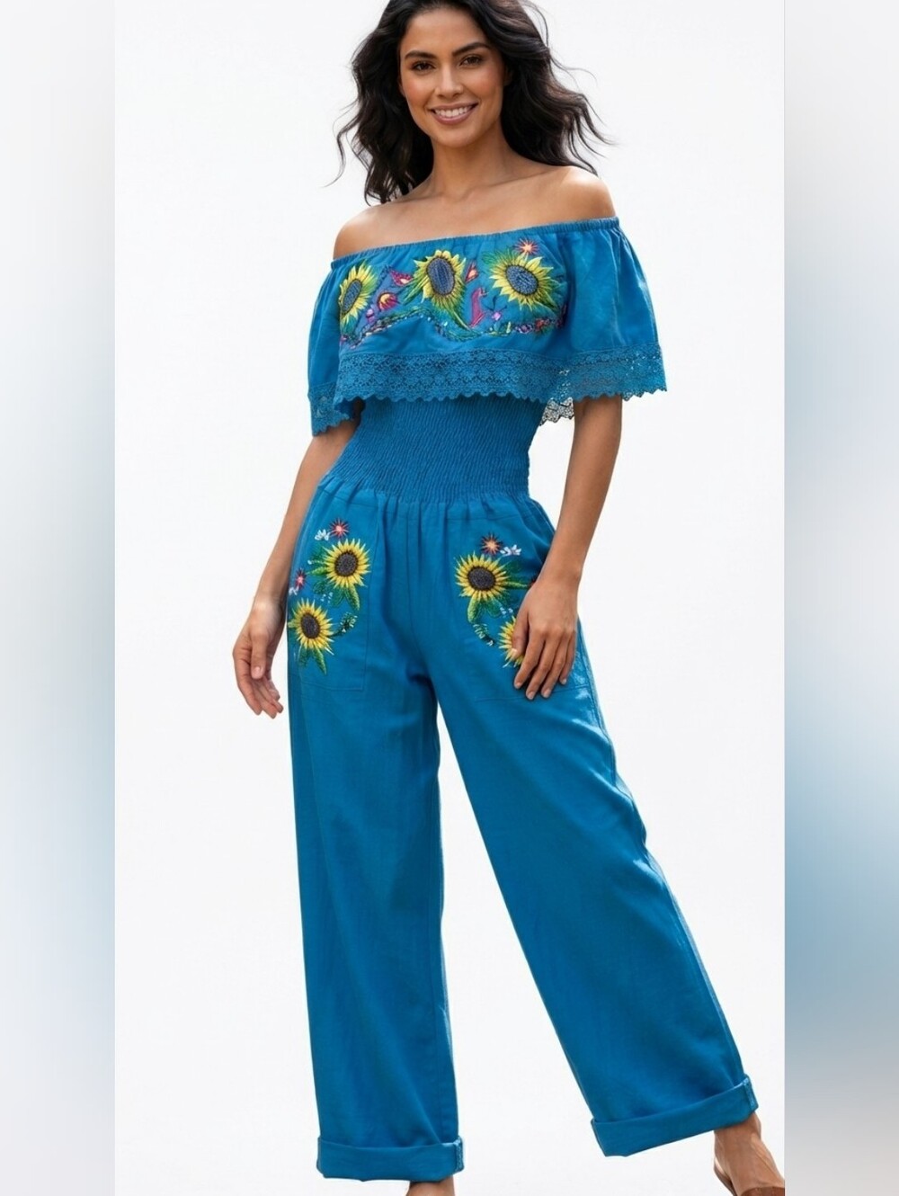 Teal Off-Shoulder Sunflower Embroidered Jumpsuit